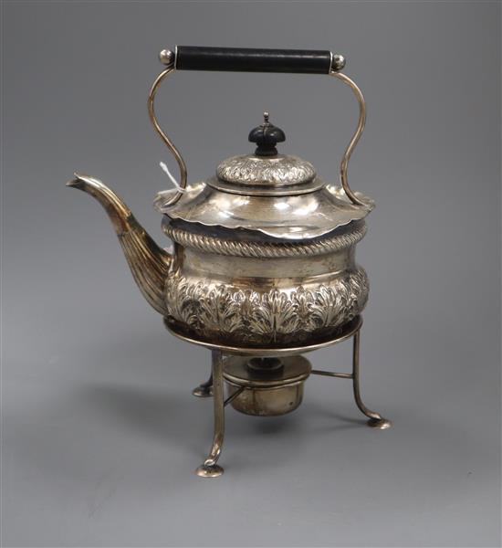 A late Victorian small silver tea kettle on stand with burner, Josiah Williams & Co, London, 1890, gross 19 oz.